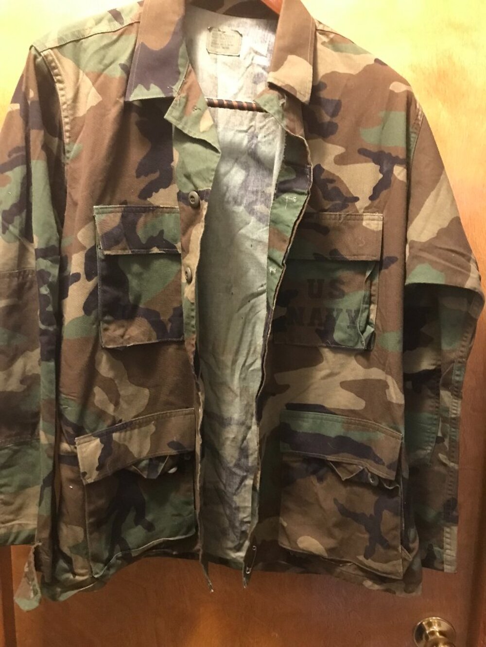 US Military Green Combat Woodland Camouflage Coat Size Med Reg Shirt Navy Stamp